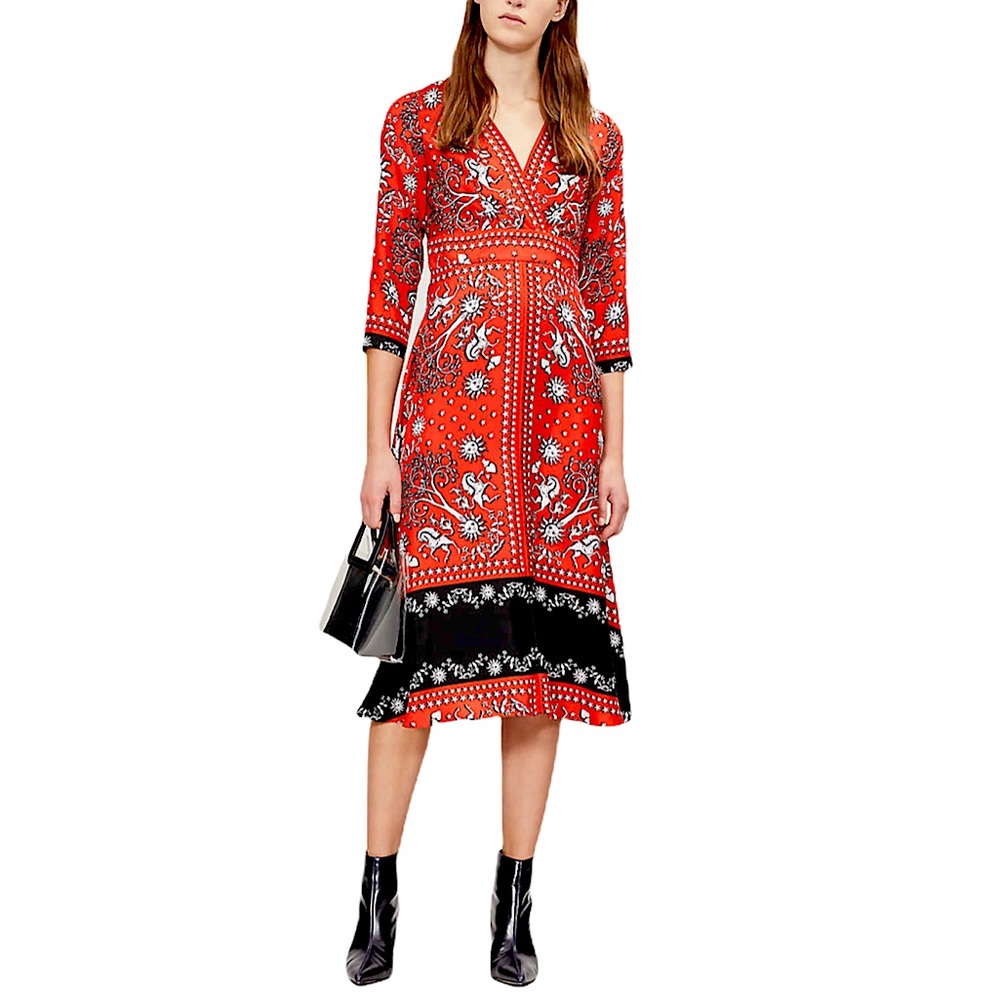 Sandro Red and Black Printed V‑Neck Midi Dress